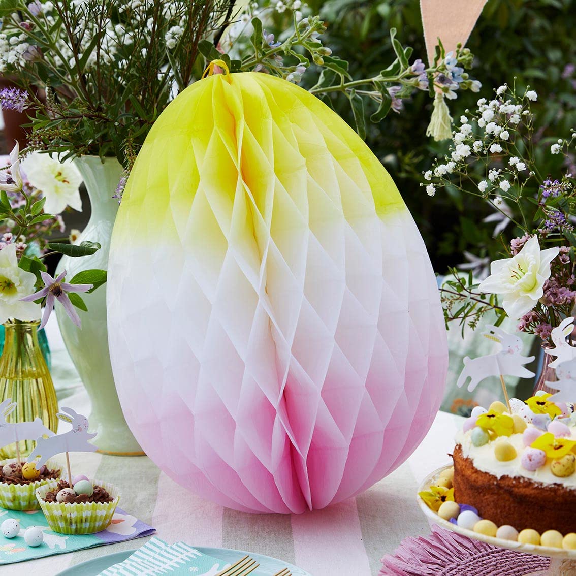 Talking Tables Large Easter Egg Hanging Decoration, 40cm Honeycomb Yellow Pink Ombre Easter Egg Hunt Garden Decorations
