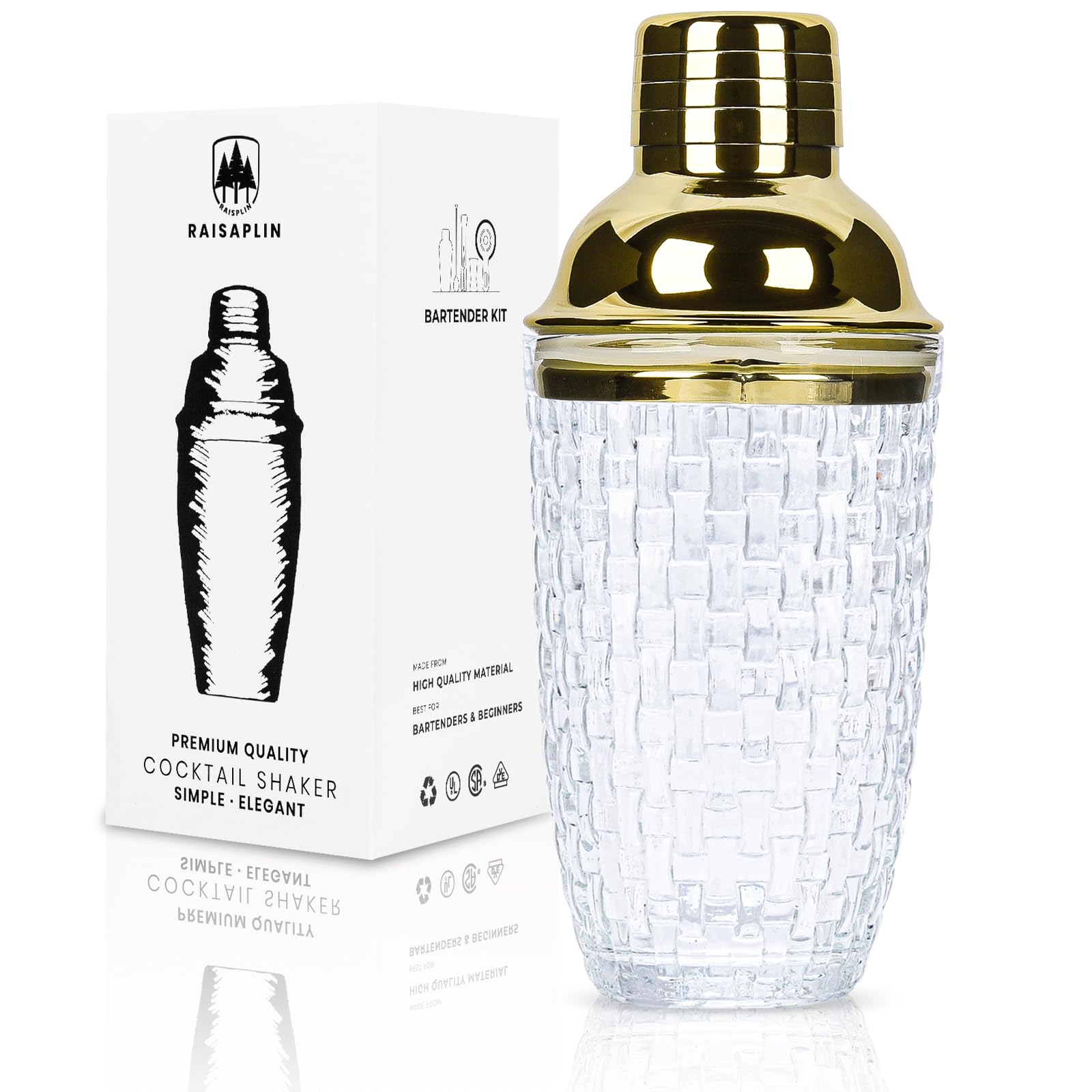 Glass Cocktail Shaker Set with Built-in Strainer - 13 Ounces Martini & Margarita Mixer Bartender Tools for Whiskey, Coffee, Beverages, Durable Crystal Clear Shaker Cup for Home Bar, Party & Gifts