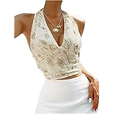 SweatyRocks Women's Floral Sequin Deep V Neck Halter Tops Backless Sleeveless Top Rave Outfits