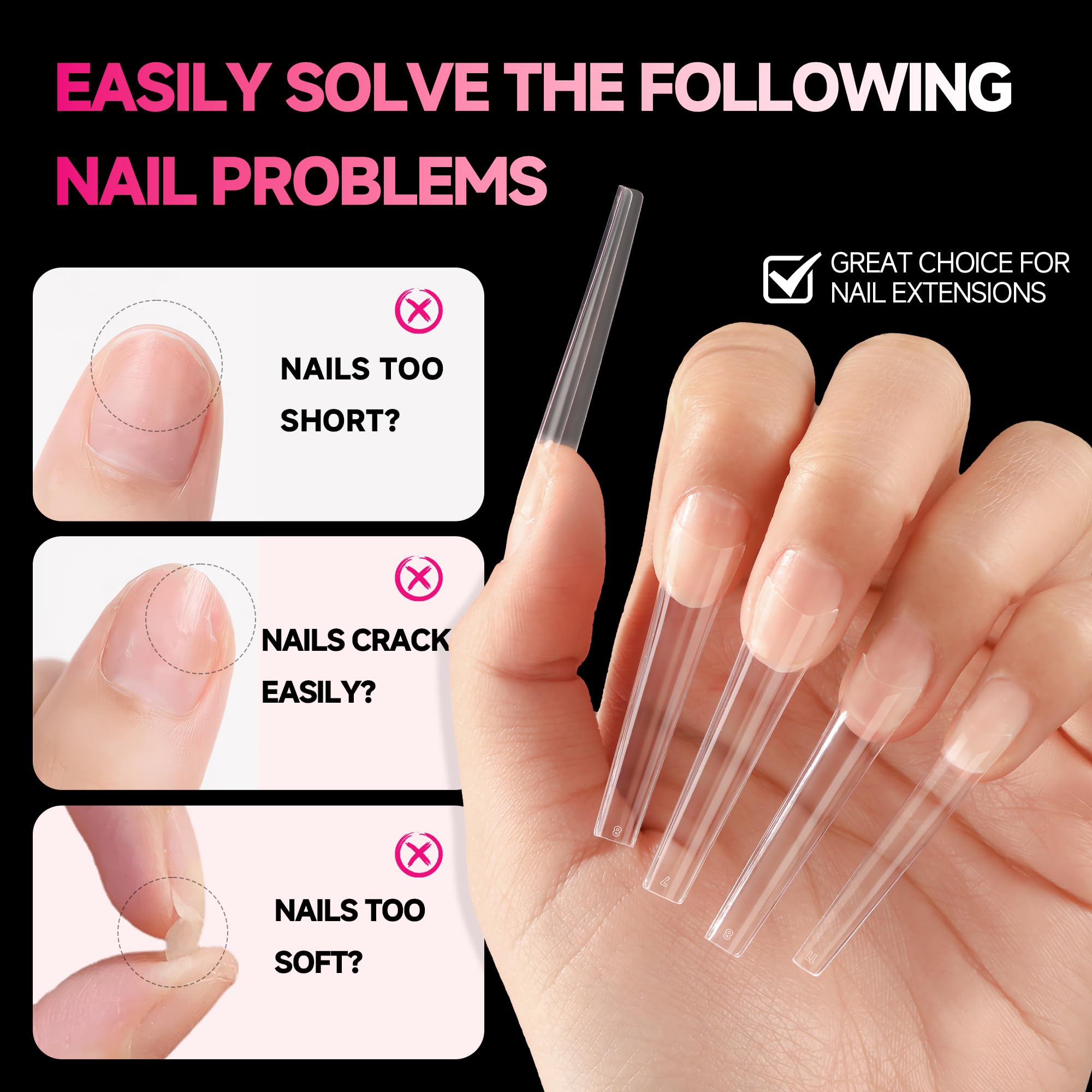 UNA GELLA Extra Long Coffin Nail Tips No C Curve 504PCS XXL Coffin Nails Half Cover Long Coffin Gel Nails Tips Clear Fake False Nails Long Gel Extensions for Nail Art Salon Home DIY No Need File - Image 3