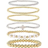 Opalencian 14K Gold Plated Silver Beaded White Cross Bracelets Stack for Women,Stretch Boho Christian Faith Colorful Beads Jewelry Friendship Summer Trendy Gift