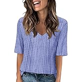 Women's V Neck T Shirts Casual Half Sleeve Tops Fit Basic Summer Fall Elbow Length Tees