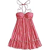 SOLY HUX Women's Paisley Print Mini Halter Dress Sleeveless Ruffle Hem Flowy Boho Vacation Dresses
