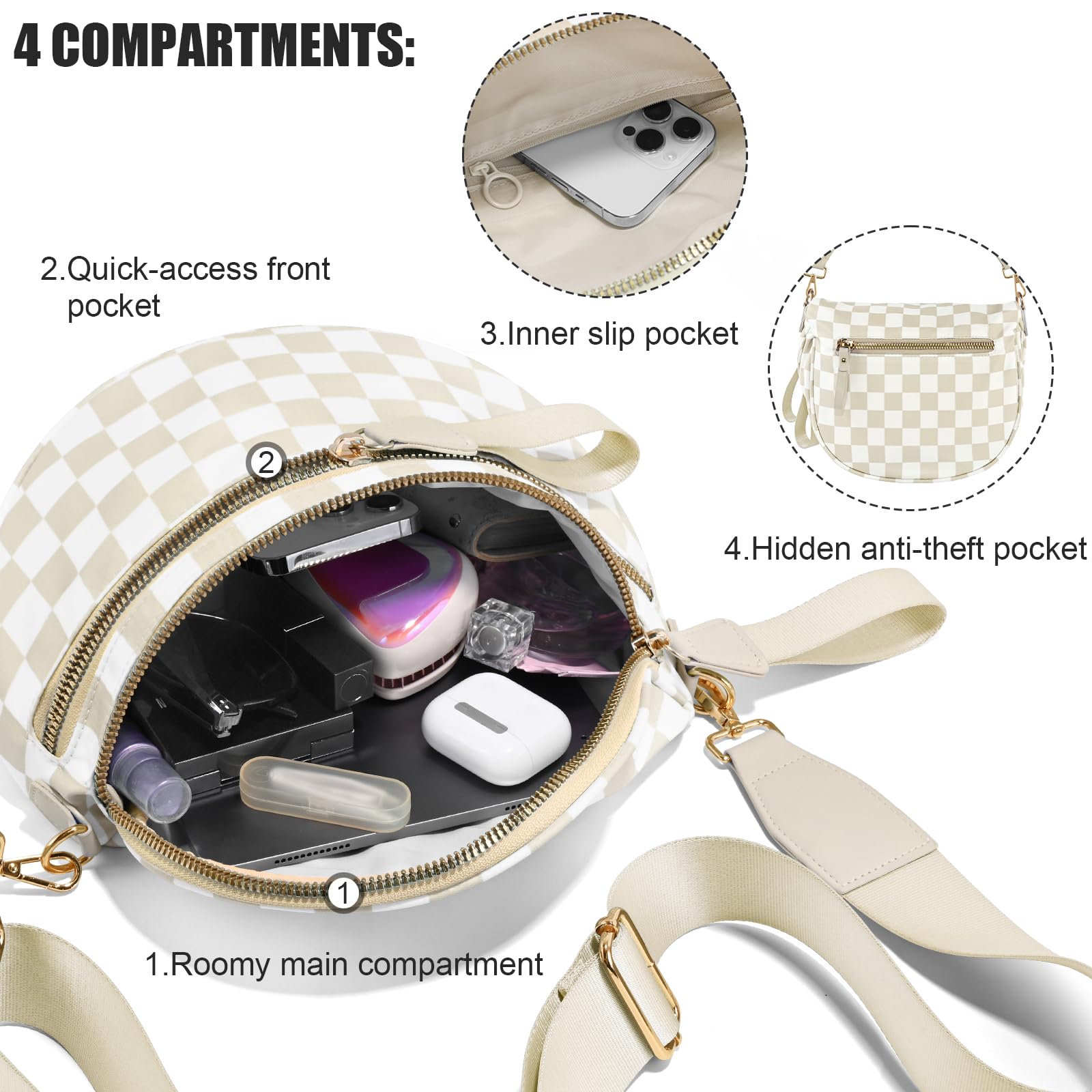 NEWROGENG Checkered Crossbody Bags for Women, Large Nylon Bum Bags Plus Size Fanny Pack Sling Bag Belt Bag for Women Travel, Beige Checkered