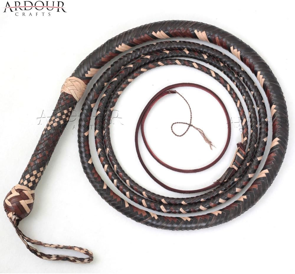 Ardour CraftsBull Whip 04 to 12 Feet, 16 Plaits Cow Hide Leather Custom BULLWHIP Belly and Bolster Construction Dark Brown (06 Feet)