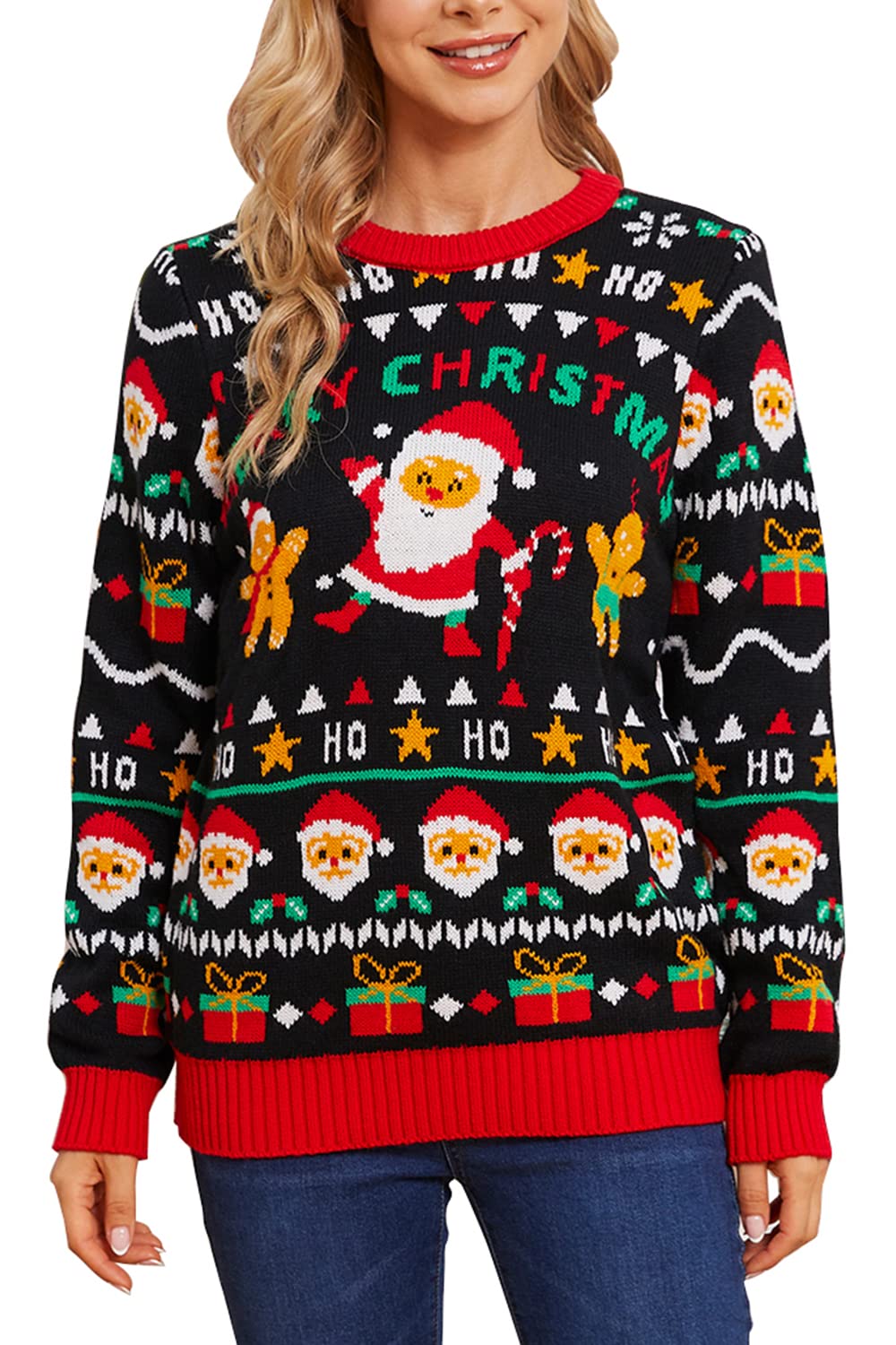 View 1 of ***(HEAVILY USED/ MINOR DAMAGE)***VENTELAN Women's Christmas Sweater Funny Santa Claus Knitted Pullover Snowflake Long Sleeve Sweater Jumpers,M