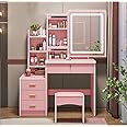 YQ WHJB Vanity Set with Lighted Mirror,with Drawers Cabinet Storage Shelves&Cushioned Stool,3 Lighting Modes Adjustable Makeup Vanity Desk Brightness，Makeup Table Cabinet (80 * 40 * 132cm, Pink)