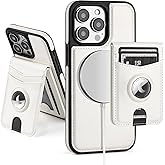 SkyEagle Compatible with MagSafe iPhone 14 Pro Max Case Wallet with AirTag Holder,2 in 1 PU Leather Magnetic Detachable RFID Blocking Credit Card Holder Flip Cover Kickstand for Men Women,White