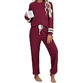 Ekouaer Lounge Sets for Women Ribbed Knit Outfits Pajamas Sets 2 Piece Long Sleeve Sweatsuits with Pockets