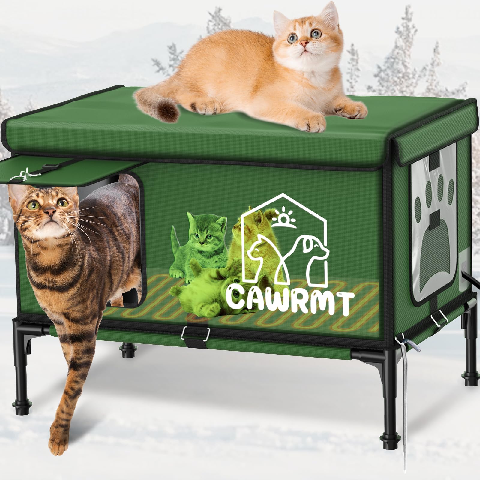 Photo 1 of ***FACTORY SEALED***  Outdoor Cat House, Waterproof Heated Elevated Cat House for Outside with a Heating Pad, Protect Stray Animal from Rain Snow Hailstone Easy Assembly (Green, XL-26.77 * 17.71 * 20.07)