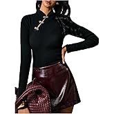 SweatyRocks Women's Long Sleeve Top Mock Neck Cut Out Slim Fit T Shirt Cheongsam Tops