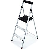 Rubbermaid 3-Step Ladder, Aluminum Lightweight Folding Step Stool with Project Top, Silver, Tested to US Safety Standards, No