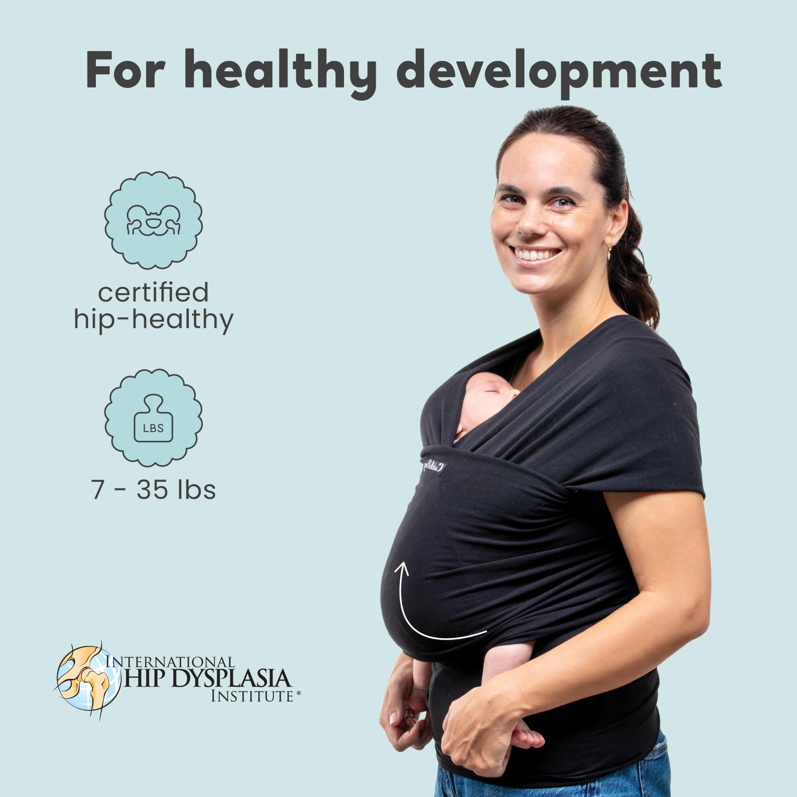 CuddleBug Hands-Free Baby Carrier - Soft & Stretchy Wrap for Newborn to Toddler 7-35 lbs - One-Size-Fits-All Hip-Healthy Holder (Black)