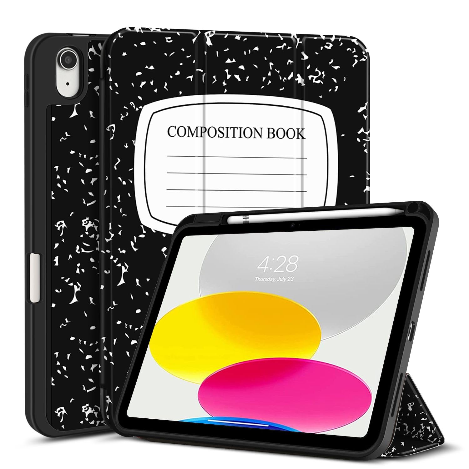 TNP Case for iPad 10th Generation Case 2022-10.9 inch iPad Case with Pencil Holder and Trifold Smart Stand Cover - Protective TPU Case for 10th Gen iPad, Auto Sleep/Wake, Composition Book Black