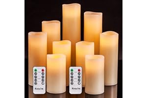Hanzim Flameless Flickering Battery Operated Candles D2.2''*H4 5" 6" 7" 8" 9" Set of 9 Ivory Real Wax Pillar LED Candles with 10-Key Remote and Cycling 24 Hours Timer (Ivory)