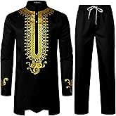 LucMatton Men's African Attire Outfit Gold Foil Print Long Sleeve Shirt and Pant Dashiki Suit 2 Piece Set