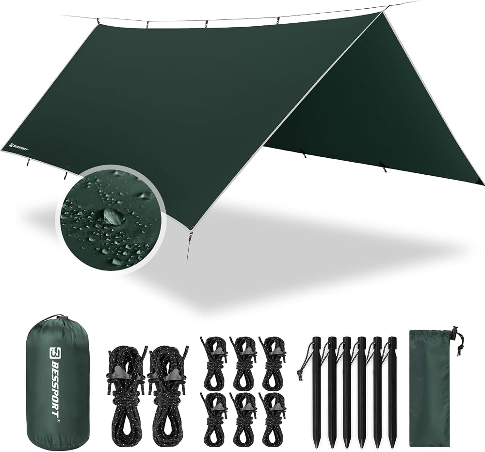 Bessport Camping Tent Tarp 3x4m Waterproof PU3000mm with Eyelets & Stakes