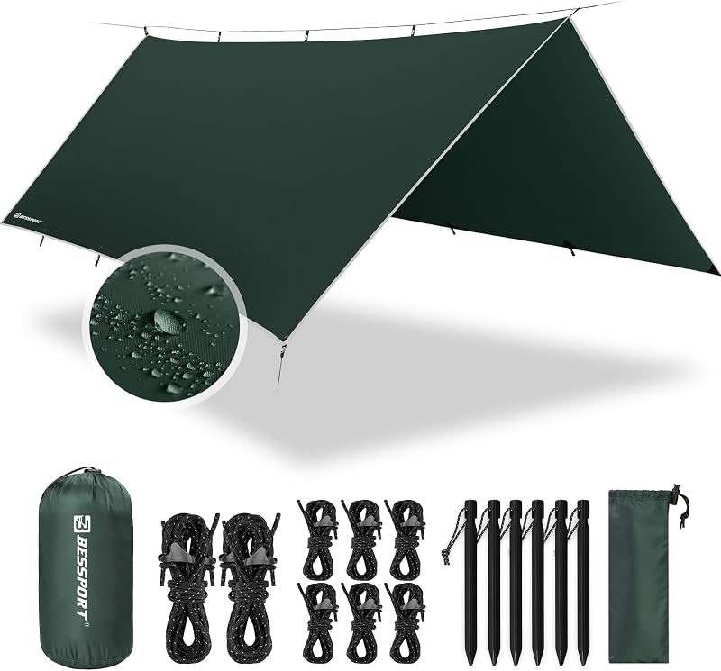 Bessport Camping Tent Tarp 3x4m Waterproof PU3000mm with Eyelets & Stakes