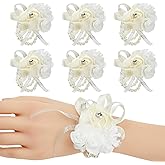 Meldel Champagne Wrist Corsage for Prom, 6pcs Beige Rose Corsages for Bridal Bridesmaid Girl Women, Wrist Flower for Wedding Mother of Bride and Groom, Hand Flower for Homecoming Anniversary Party