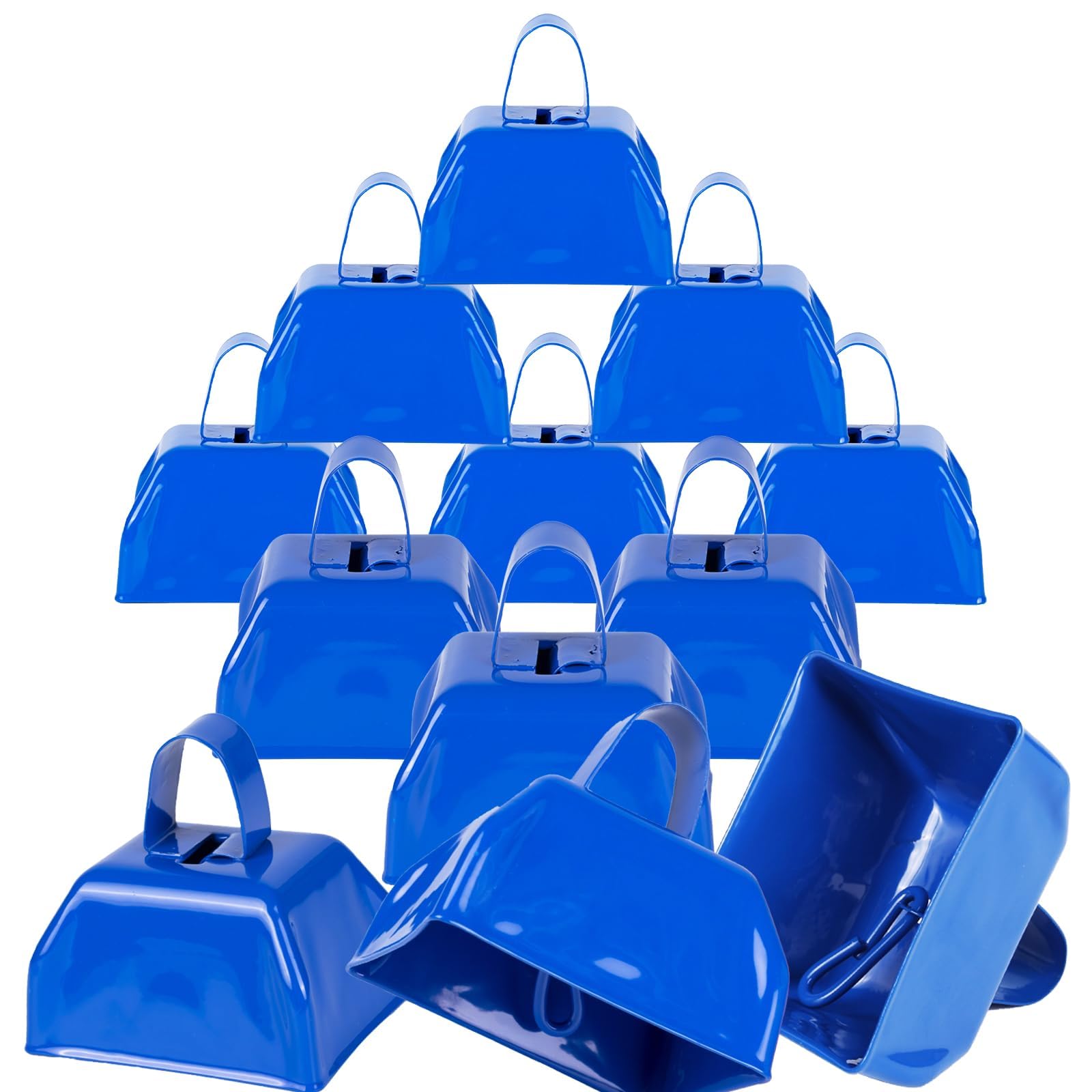 Photo 1 of Cow Bells Noise Makers Blue Cheering Bell for Sporting Events: 12 Pcs Metal Cowbells with Handle - Small Loud Bell Bulk Hand Percussion for Football Games Graduation Weddings-Blue