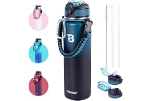TOPBADE 32oz Water Bottle Stainless Steel with Straw, Insulated Water Bottle with Paracord Handle & Spout Lids, Double Wall S