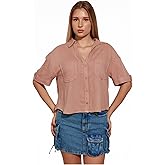 Linen Blend Pink Elbow Sleeve Collar Boxy Shirts for Women