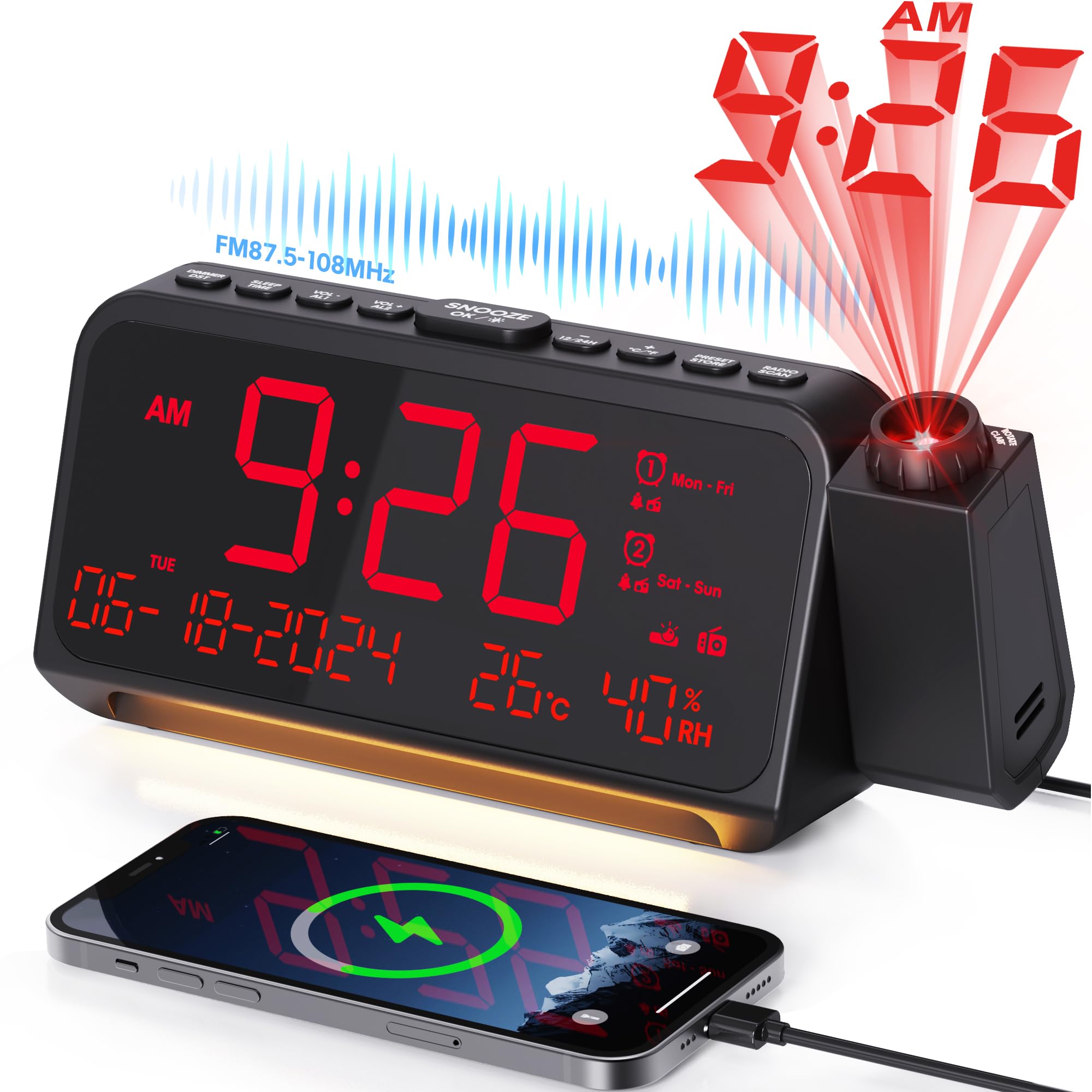 Mesqool Projection Digital Radio Clock with Snooze and Night Light, FM Clock Radio with Temperature and Date Display, Dual Alarm for Weekday and Weekend with USB & Type C Charging