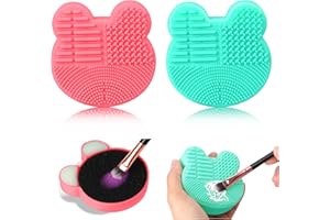 Unaone 2 Pcs Makeup Brush Cleaning Mat, Cosmetic Brush Cleaning Pad with Color Removal Sponge, 2 in 1 Design Silicone Cleaner Box for Dry Brush Color Switch and Wet Cleaning, Cute Green & Pink