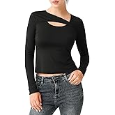 AINIKO Women's Slim Fit Long Sleeve Ribbed T-Shirt with Asymmetric Cutout Design Fall Fashion Stretch Knit