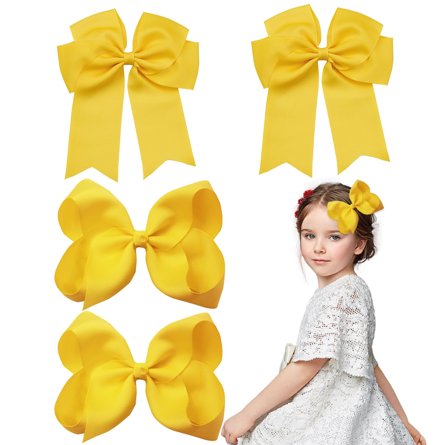 4 Pack 6 Inch Hair Bow Clips, Large Bows for Girls, Accessory for Girl Women, Yellow