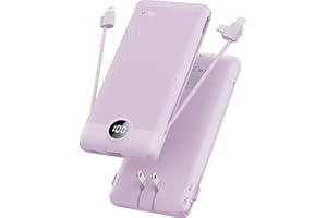 Portable Charger Built-in Cables and AC Wall Plug, VRURC USB C Power Bank 10000mAh, [2023 Upgraded Version] Phone Charger Compact Lightweight External Battery Pack for Smart Phones, Tablets etc-Purple