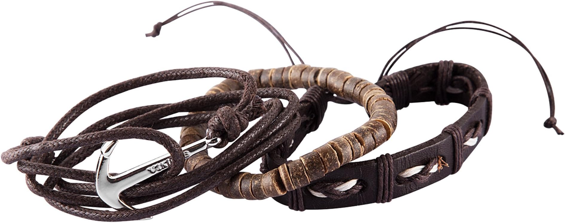 NovaLuna Surfer Bracelet Coco Anchor 'in Wrap Look PU Leather Case with Sliding Knot Fastener Flat Coconut Shell Beads and Anchor Applique Rope Bracelet Accessory Jewellery Brown