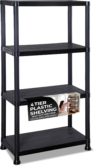 Crystals 4 Tier Plastic Shelving Unit Garage Storage Black 60x30x133cm