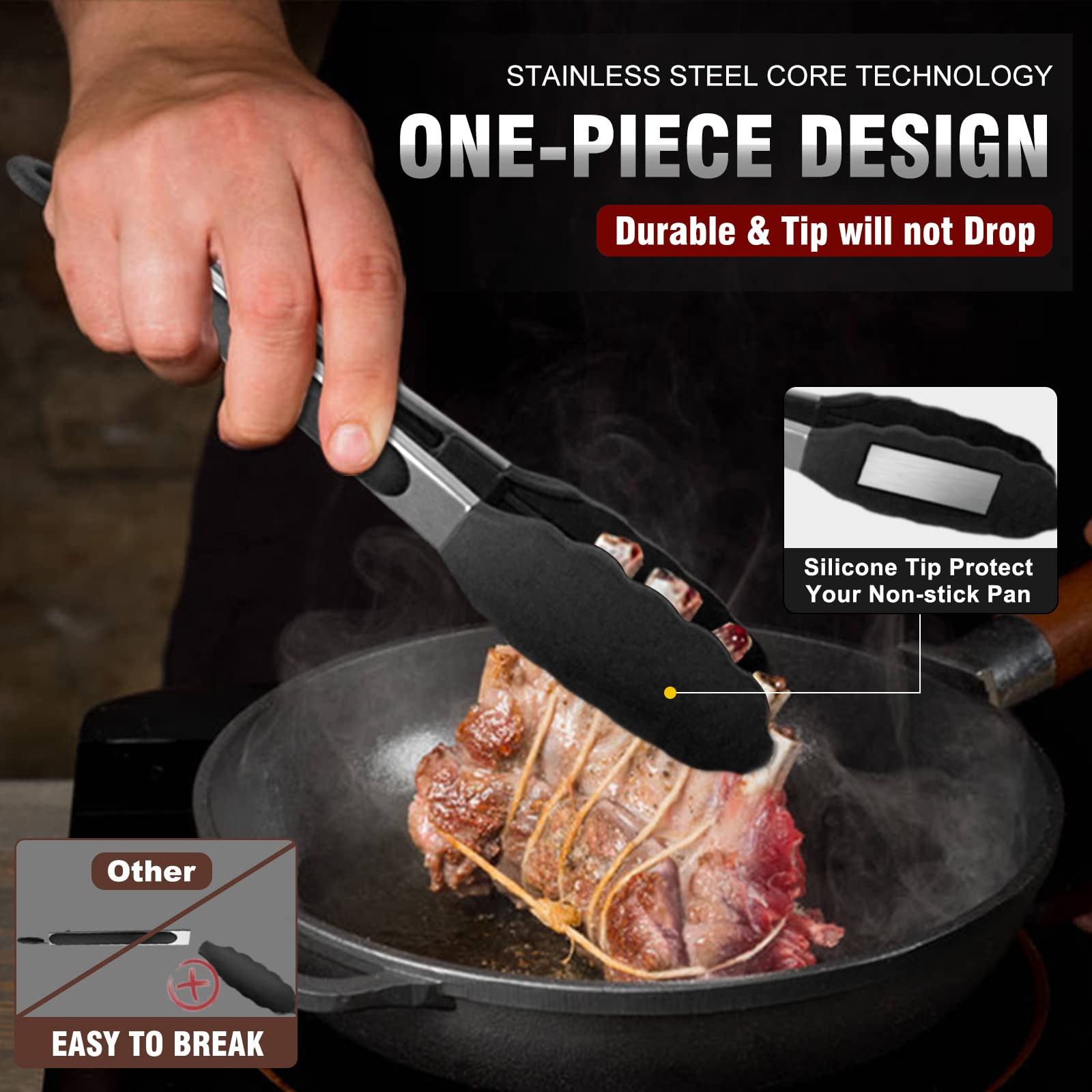 Walfos Kitchen Tongs - Heat Resistant Cooking Tongs Set of 3, Stainless Steel and BPA Free Silicone Tips, Great for Cooking, Grilling, Turning, 7