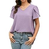 Stamain Womens Tops Dressy Casual Swiss Dot V Neck Ruffle Tunic Blouse for Women Cute Petal Short Sleeve Pom Pom Shirt Office