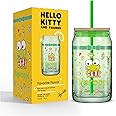 JoyJolt Sanrio Hello Kitty and Friends Favorite Flavor Glass Tumbler with Bamboo Lid and Straw, Leakproof 16oz Clear Soda Can Shaped Cup featuring Keroppi, Hello Kitty Merch