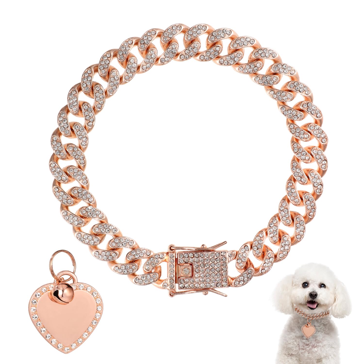 PEUTIER 25cm Dog Chain Collar, Rose Gold Diamond Collar Necklace with Heart Shape Dog Tag Rhinestones Heart Bling Dog Collar Pet ID Tag Chain for Small Medium Large Dogs Cats