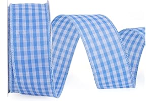 LaRibbons Blue Gingham Ribbon Wired 1 1/2 Inch x 10 Yards, Check Plaid Ribbon for Gift Wrapping Wreath Bow Outdoor Decoration