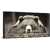 iKNOW FOTO Grizzly Bear Wall Art Brown Animal Canvas Print with Black Floater Frame Rustic Woodland Decor for Living Room Bed