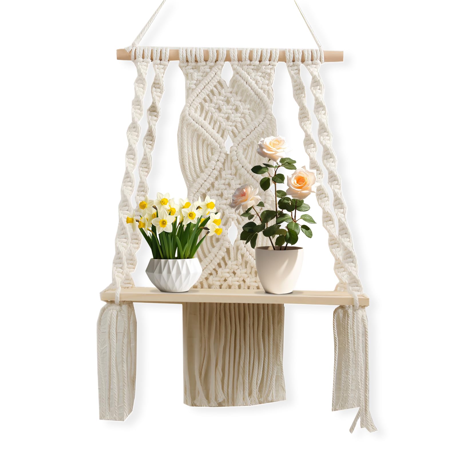 Tuzsocr Boho Macrame Wall Shelf - Cotton Rope Floating Plant Holder for Home Decor, Bohemian Tapestry Room Decoration