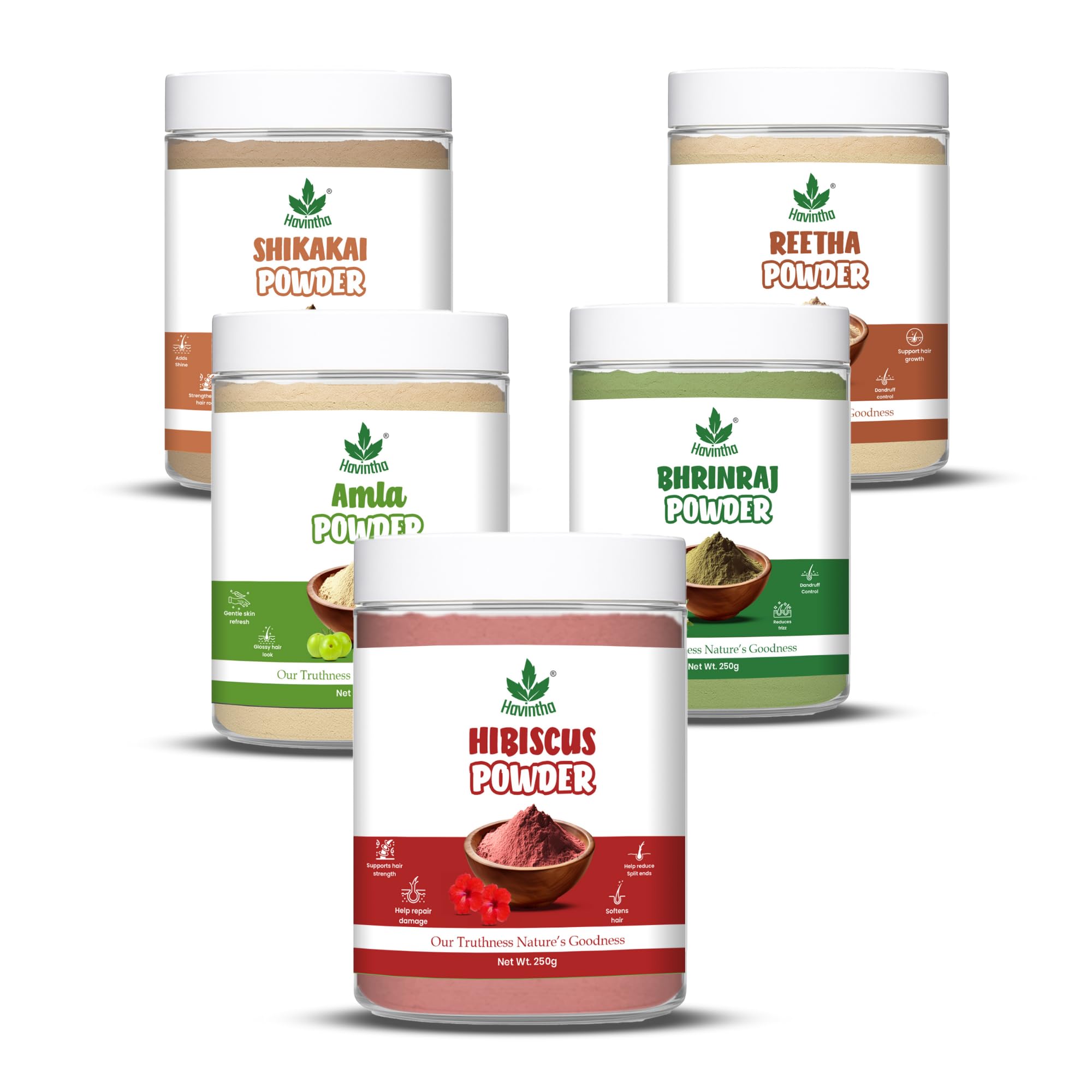 Havintha Amla Reetha Shikakai Bringraj & Hibiscus Powder For Hair - each 227 Grams (Combo Pack of 5)