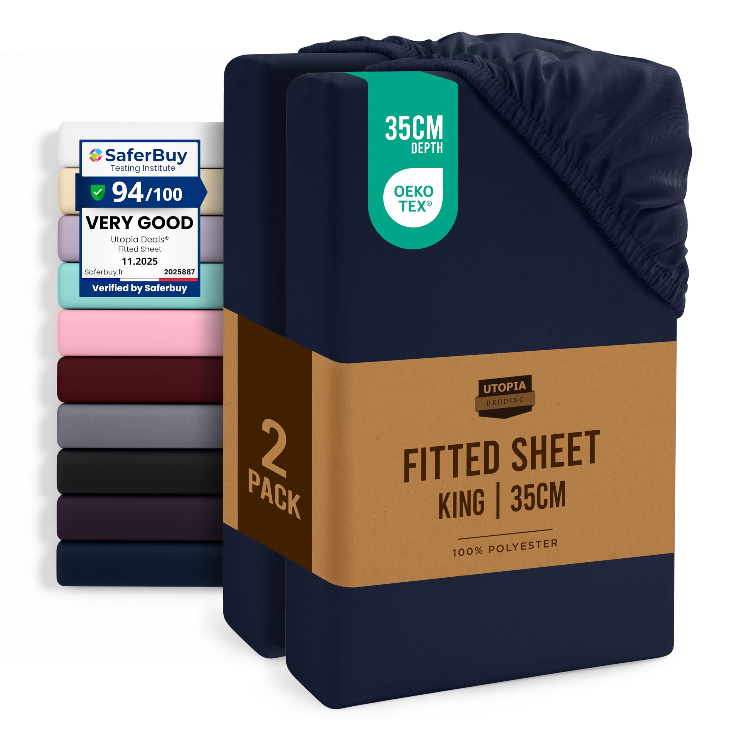 Utopia Bedding Fitted Sheet King (2 Pack), Navy - Deep Pocket 14 inch (35 cm) - Oeko Tex Certified - Easy Care - Soft Brushed Microfibre Fabric - Shrinkage and Fade Resistant - Bottom Sheet