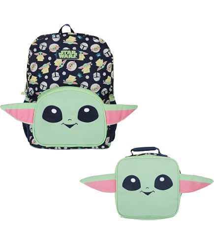 Mandalorian Baby Yoda Backpack with Lunchbox Set for Kids Bundle + More | 16in Large Durable Grogu Bookbag w/ Insulated Lunch Box Plus Water Bottle, Stickers, More