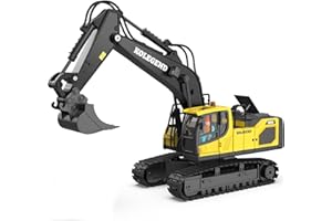 kolegend Remote Control Excavator Toy for Boy 2 Batteries- 1/20 Scale Remote Control Digger with Alloy Shovel, Infinitely Rotating Cab, Lights & Sounds - Gift for Kids Ages 6,7,8,9,10