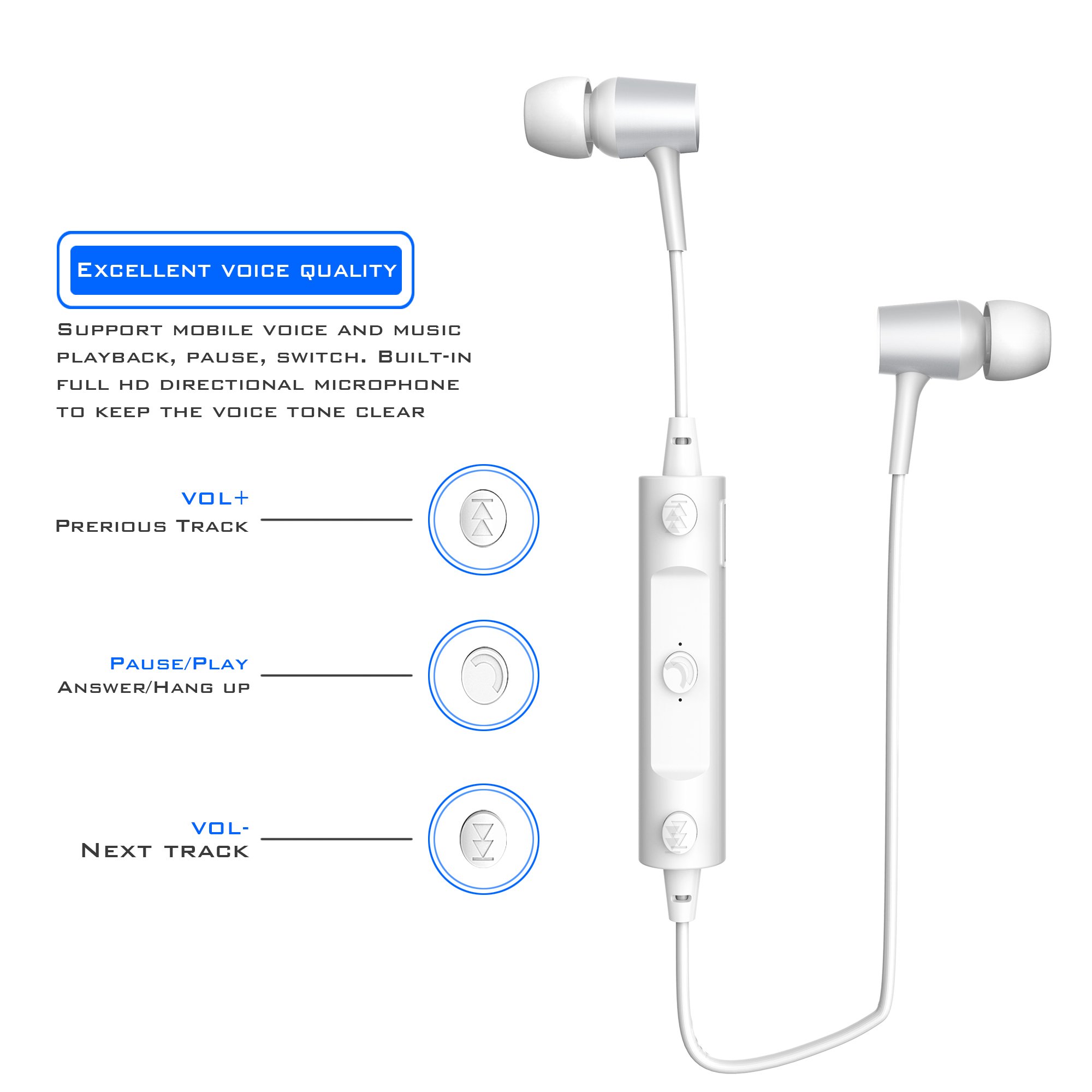 Bluetooth Headphones Sweatproof Sports Earphones Wireless Headset Magnetic attraction Earbuds for Running Workout Gym Noise Cancelling White