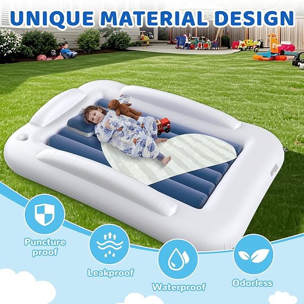 DEETECK INFLATABLE TODDLER TRAVEL BED – 60 INCHES PORTABLE TODDLER BED FOR TRAVEL WITH SAFETY SIDES – COZY KIDS AIR MATTRESS SET WITH BUILT-IN ELECTRIC PUMP & CARRY CASE- EASY TO INFLATE – SEA BLUE