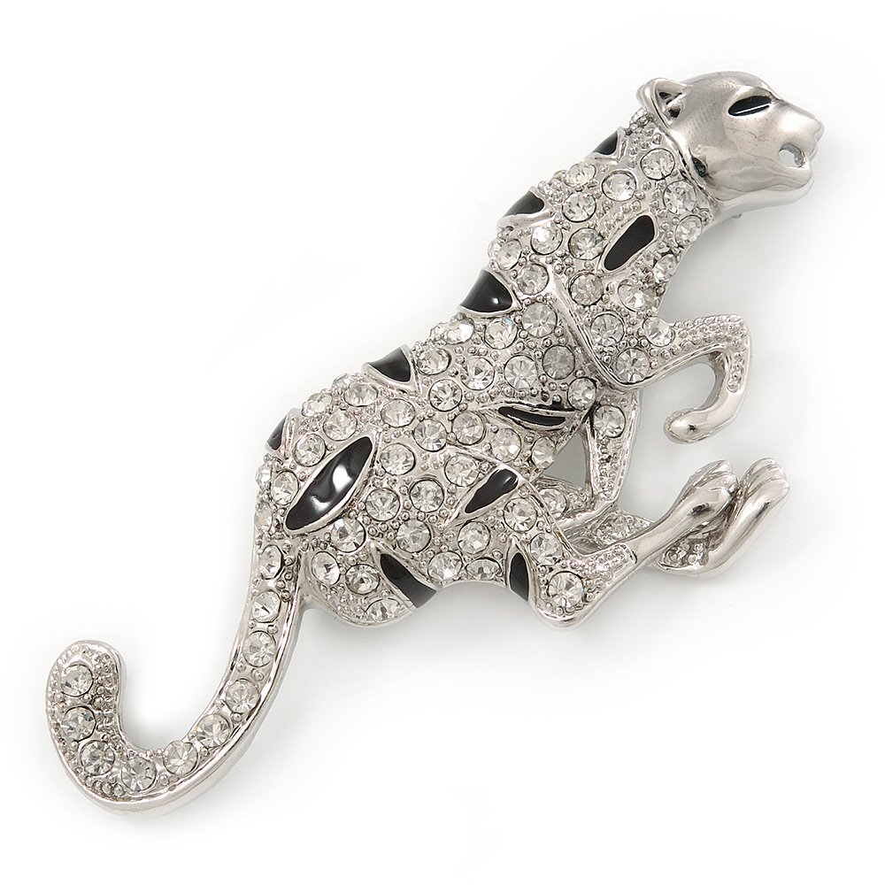 Large Diamante 'Snow Leopard' Brooch In Rhodium Plating - 85mm Across