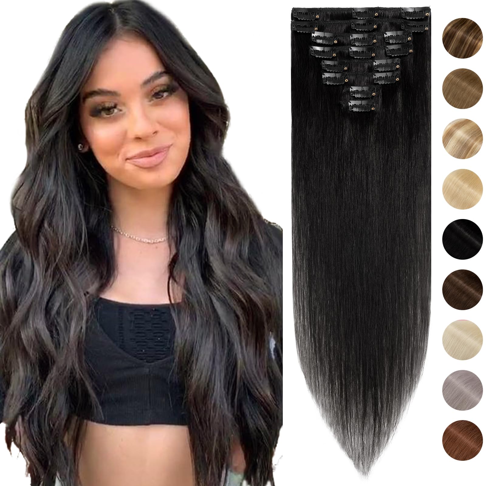 Silk-co 8 PCS Hair Extensions Clip in Hair Extension 18inch #01 Jet Black 100% Real Remy Straight Human Hair Extensions -Basic Thickness-Thin Weft(70g)