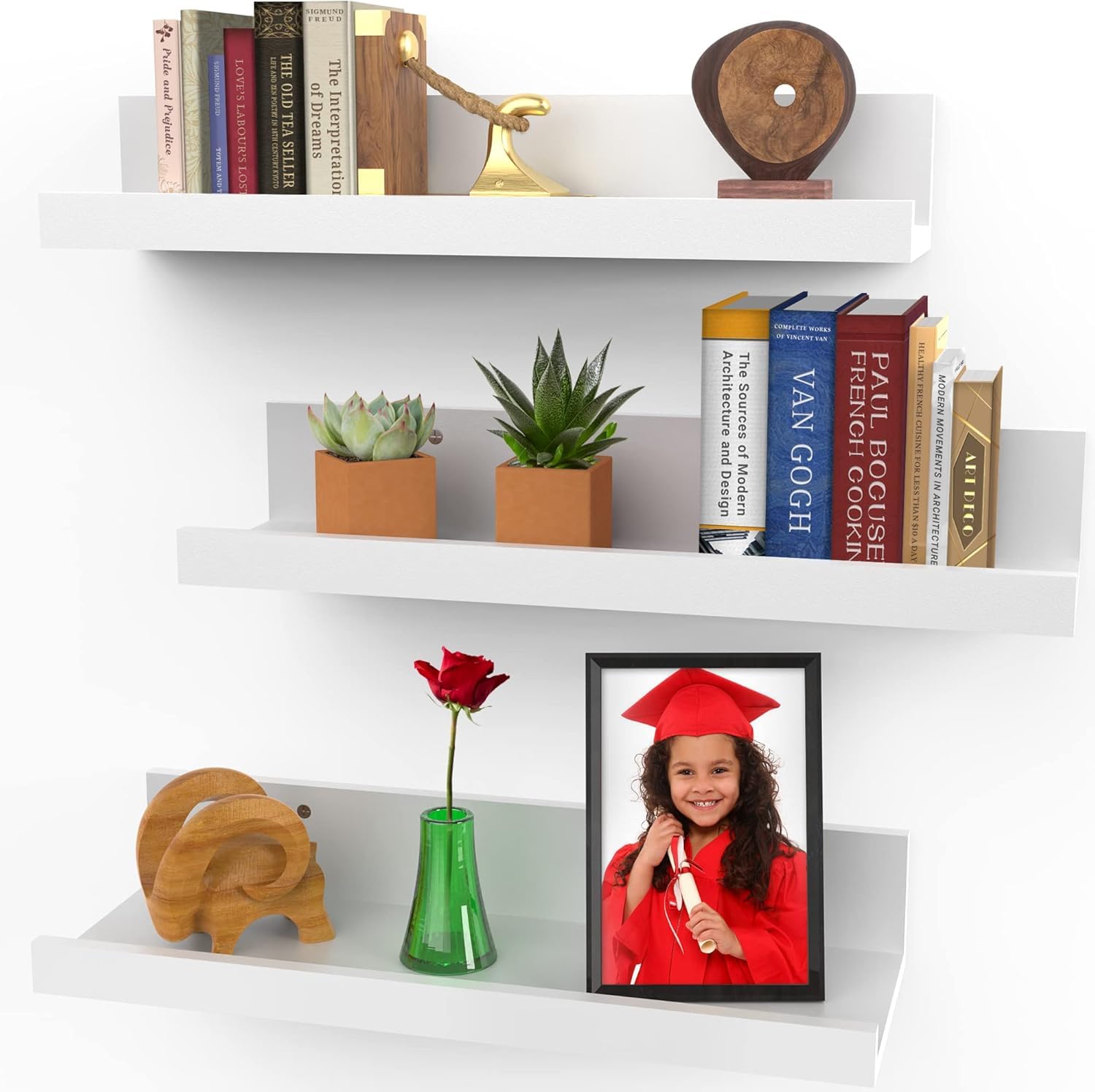 Icona Bay - 40 cm / 16 Inch Floating Shelves for Wall - Set of 3 in Powder White - Modern Rustic Style - Wall Mounted Display Shelves - Picture Ledges