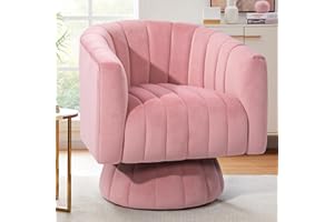 Kromax Swivel Accent Chair with Armrest, Mid Century 360 Degree Swivel Barrel Chair Overstuffed Tufted Velvet, Ideal for Living Room, Bedroom, Reading Room, Pink